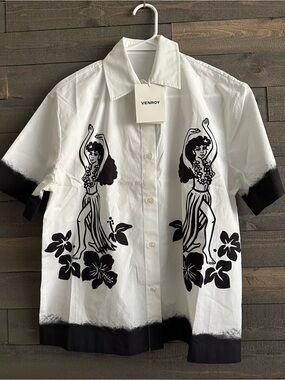 Venroy White & Black Hula Print Button-Up Shirt XS